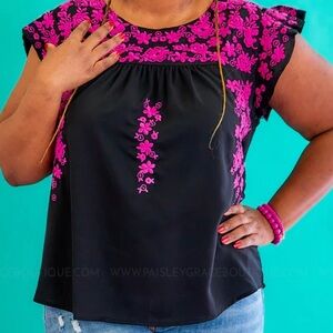 Savanna Jane Black and Pink Embroidered Blouse